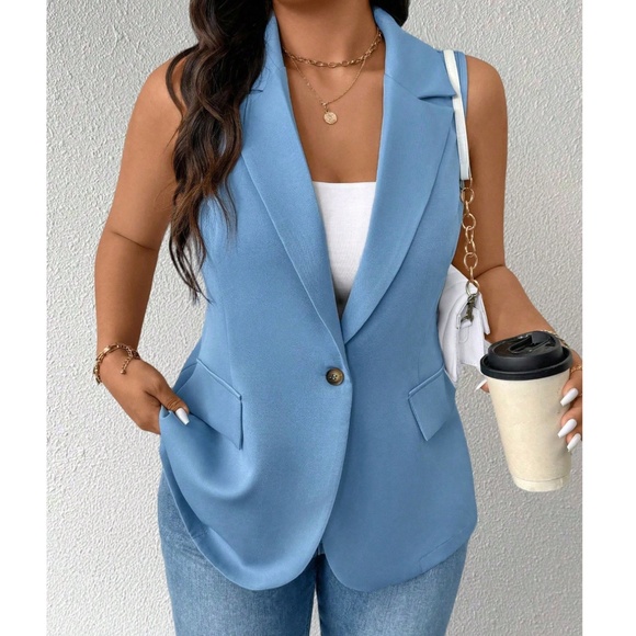 Plus Dusty Blue Button Fitted Vest Top - Picture 3 of 4